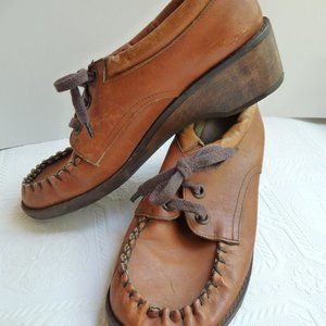Vintage 1970s Hippie Boho Style Leather Misses Size 8 Wedge Platform Oxford Shoe